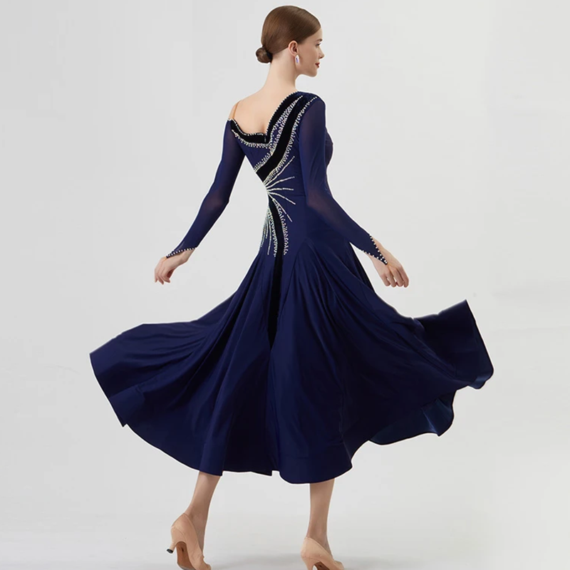 YUN Customisable-Women's Long Sleeve Off Shoulder Diamonds Dress For Ballroom Dancing standard/Smooth Dress