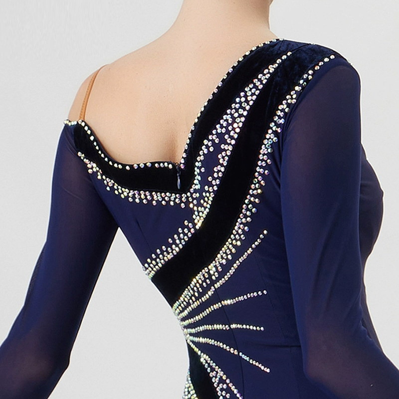 YUN Customisable-Women's Long Sleeve Off Shoulder Diamonds Dress For Ballroom Dancing standard/Smooth Dress