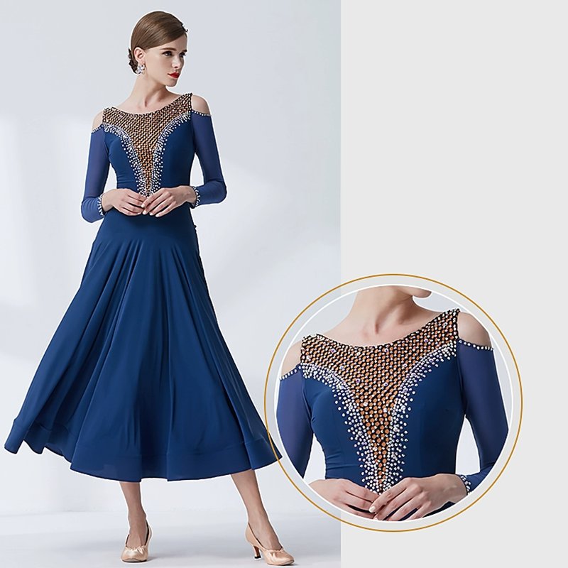 YUN Customisable-Women's Long Sleeve Applique With Diamonds Costume Dress For Ballroom Dancing standard/Smooth Dress