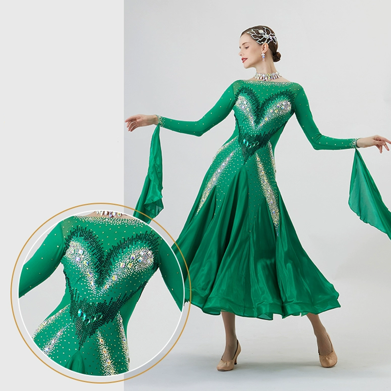 YUN Customisable-Women's Long Sleeve Backless Round Neck Diamonds Dress For Ballroom Dancing Smooth Dress