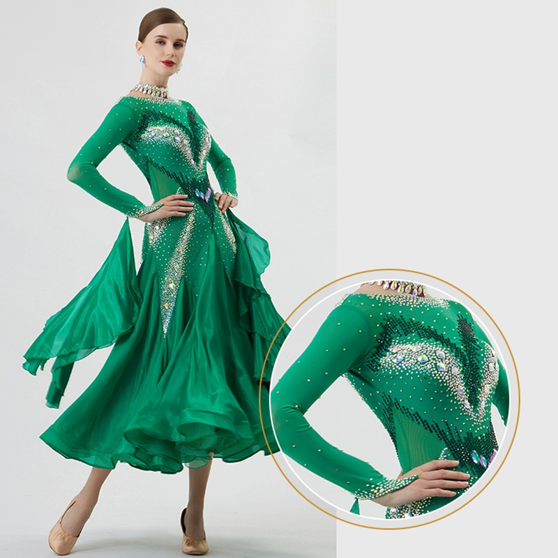 YUN Customisable-Women's Long Sleeve Backless Round Neck Diamonds Dress For Ballroom Dancing Smooth Dress