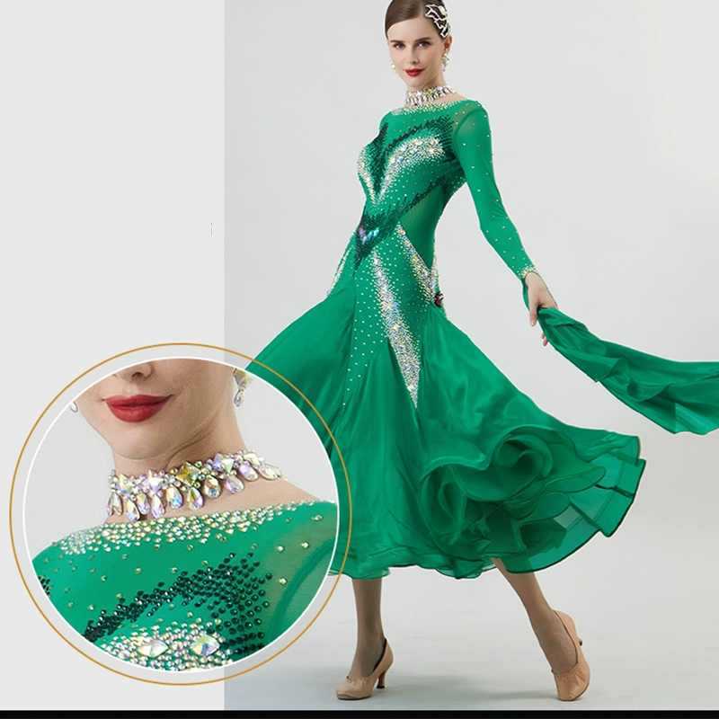 YUN Customisable-Women's Long Sleeve Backless Round Neck Diamonds Dress For Ballroom Dancing Smooth Dress