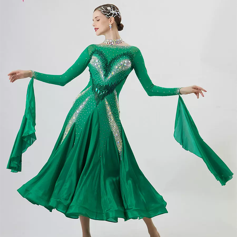 YUN Customisable-Women's Long Sleeve Backless Round Neck Diamonds Dress For Ballroom Dancing Smooth Dress
