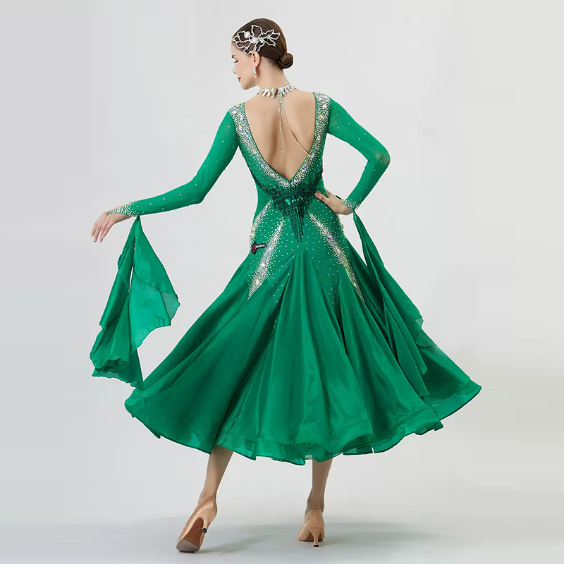 YUN Customisable-Women's Long Sleeve Backless Round Neck Diamonds Dress For Ballroom Dancing Smooth Dress