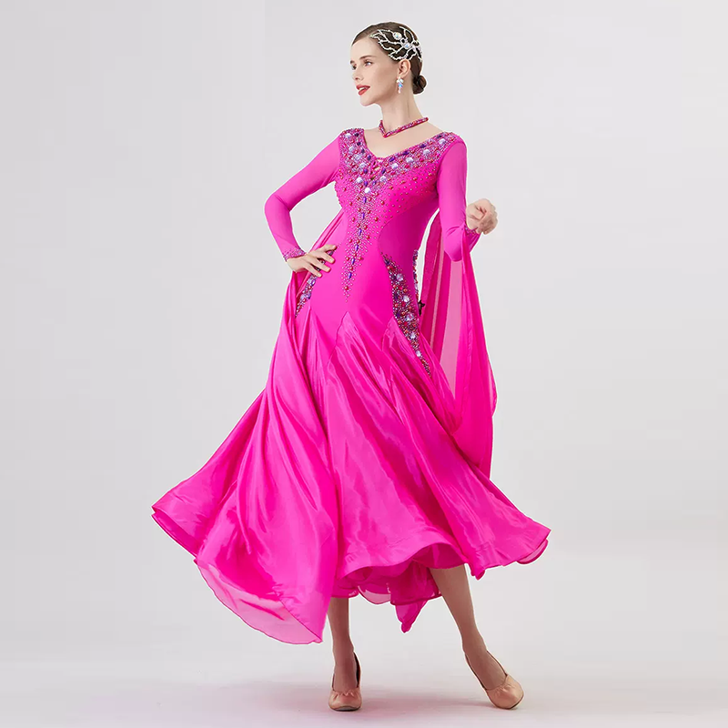 YUN Customisable-Women's Long Sleeve Backless VNeck Diamonds Dress For Ballroom Dancing Smooth Dress