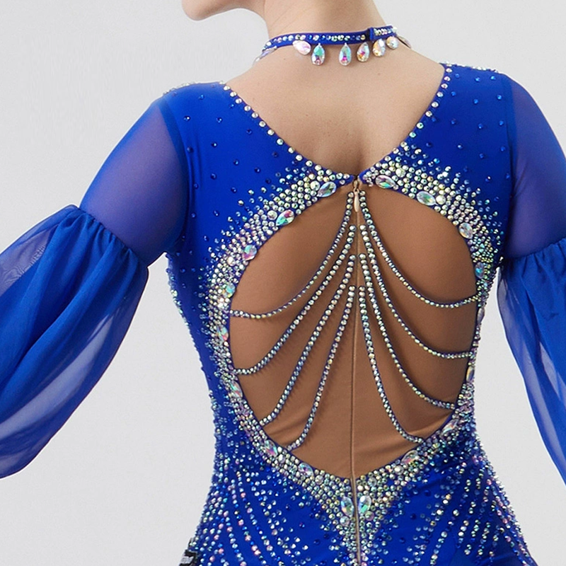 YUN Customisable-Women's Long Sleeve Round Neck Diamonds Dress For Ballroom Dancing Smooth Dress
