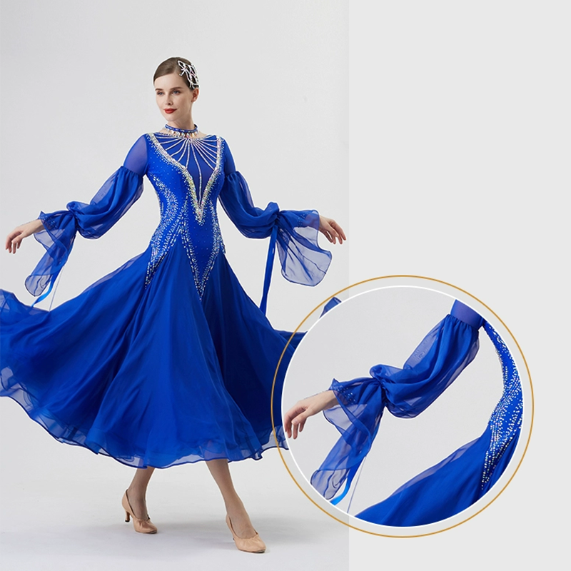 YUN Customisable-Women's Long Sleeve Round Neck Diamonds Dress For Ballroom Dancing Smooth Dress