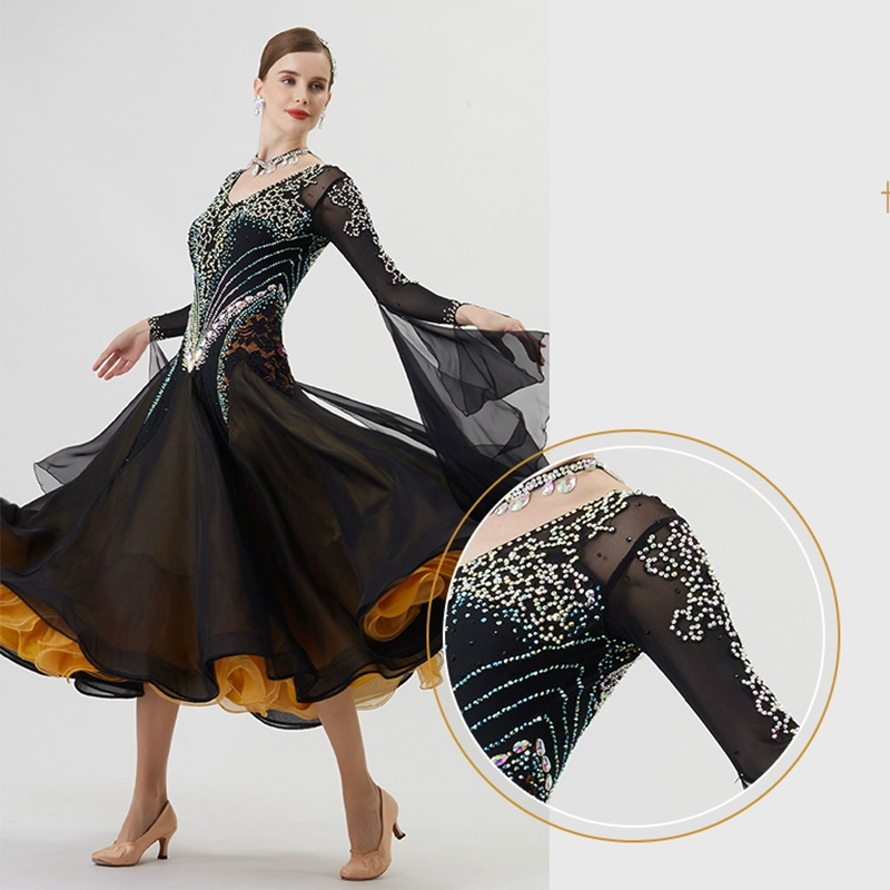 YUN Customisable-Women's Long Sleeve VNeck Backless Diamonds Dress For Ballroom Dancing Smooth Dress