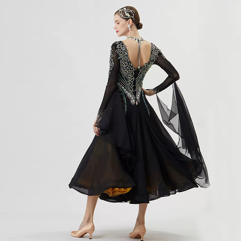 YUN Customisable-Women's Long Sleeve VNeck Backless Diamonds Dress For Ballroom Dancing Smooth Dress