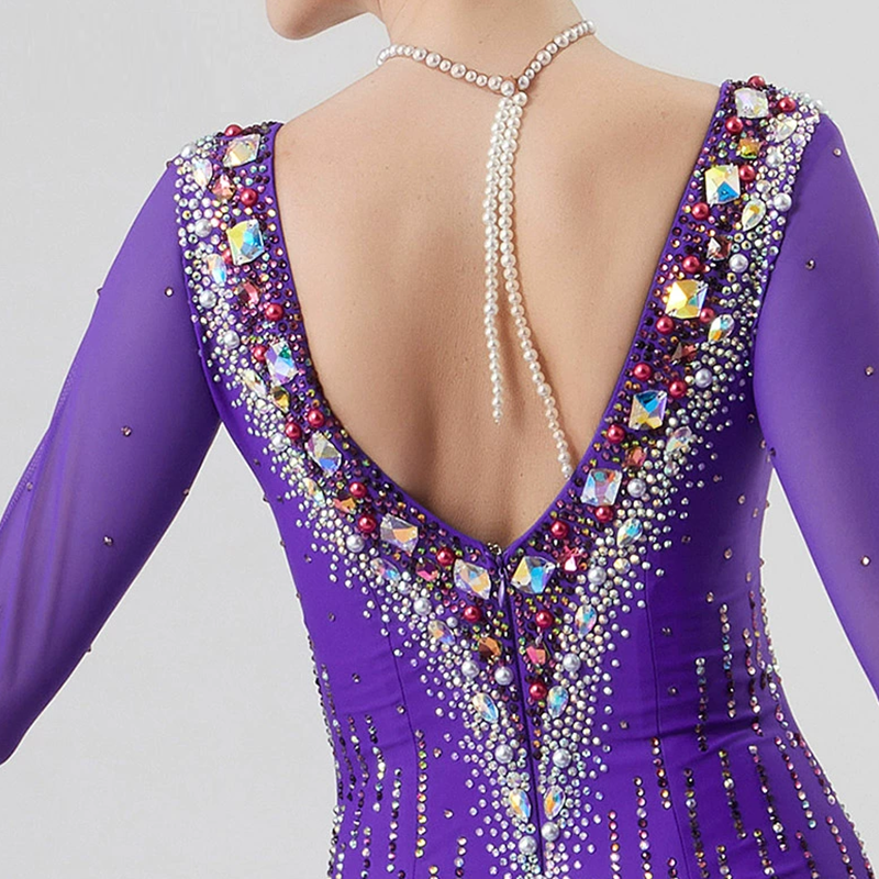 YUN Customisable-Women's Long Sleeve VNeck Backless Diamonds Dress For Ballroom Dancing Smooth Dress