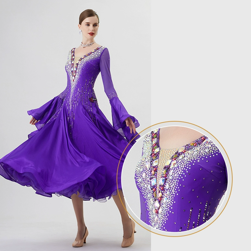 YUN Customisable-Women's Long Sleeve VNeck Backless Diamonds Dress For Ballroom Dancing Smooth Dress