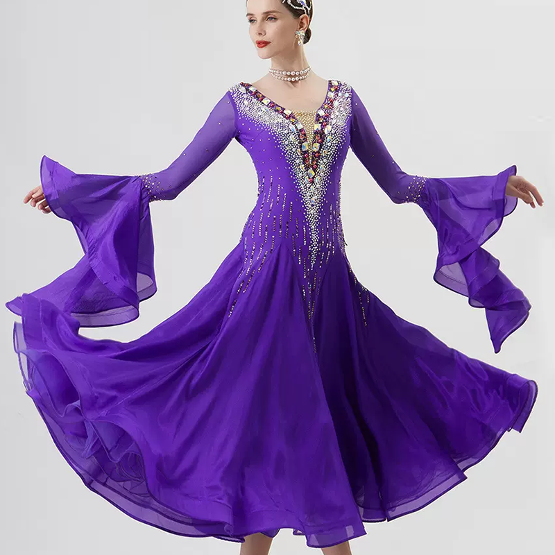 YUN Customisable-Women's Long Sleeve VNeck Backless Diamonds Dress For Ballroom Dancing Smooth Dress