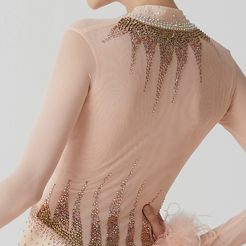 YUN Customisable-Women's Long Sleeve  V Neck Diamonds Waltz Modern Ballroom Dance Dress Competition Dresses