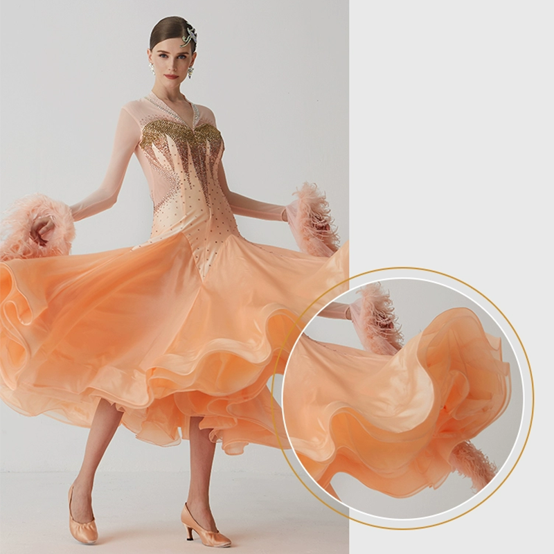 YUN Customisable-Women's Long Sleeve  V Neck Diamonds Waltz Modern Ballroom Dance Dress Competition Dresses