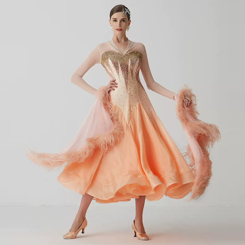 YUN Customisable-Women's Long Sleeve  V Neck Diamonds Waltz Modern Ballroom Dance Dress Competition Dresses