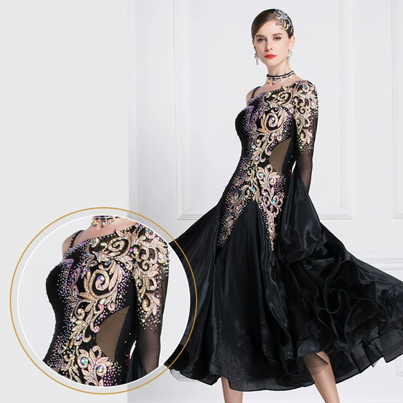 YUN Customisable-Women's Long Sleeve Off Shoulder Backless Diamonds Dress For Ballroom Dancing Smooth Dress