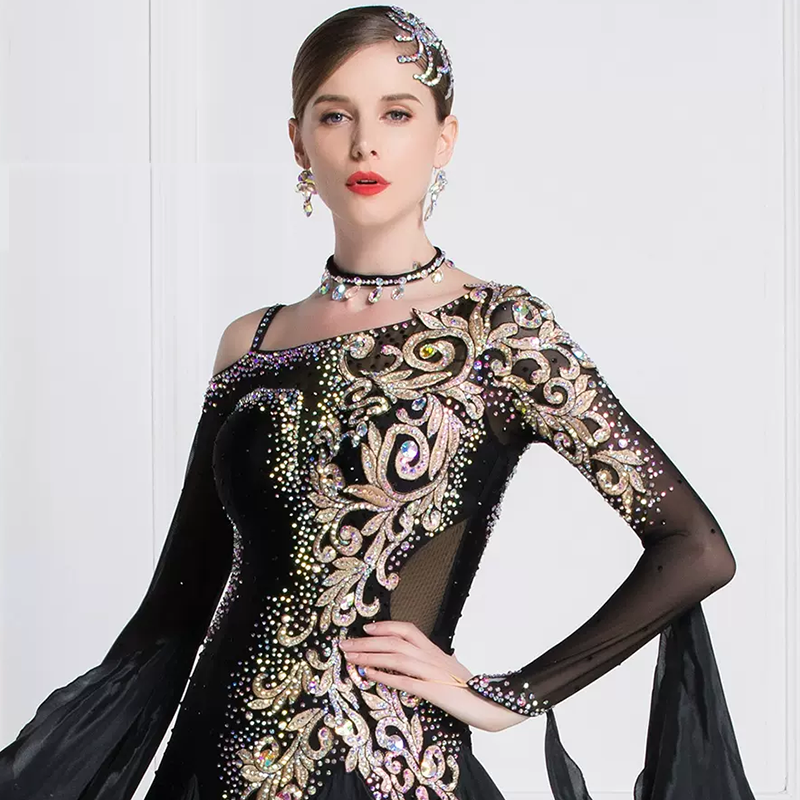 YUN Customisable-Women's Long Sleeve Off Shoulder Backless Diamonds Dress For Ballroom Dancing Smooth Dress