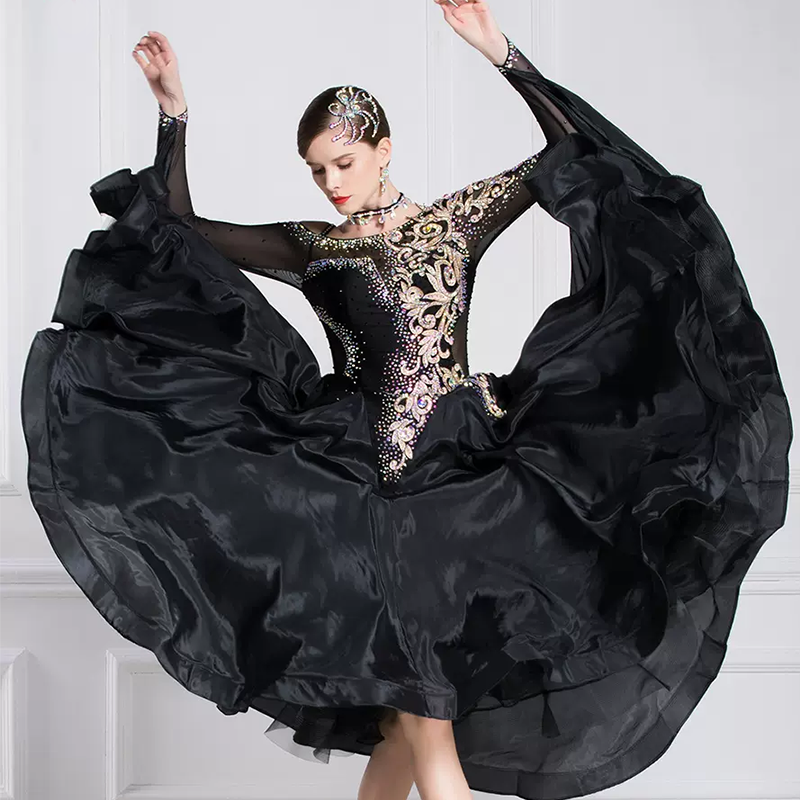 YUN Customisable-Women's Long Sleeve Off Shoulder Backless Diamonds Dress For Ballroom Dancing Smooth Dress