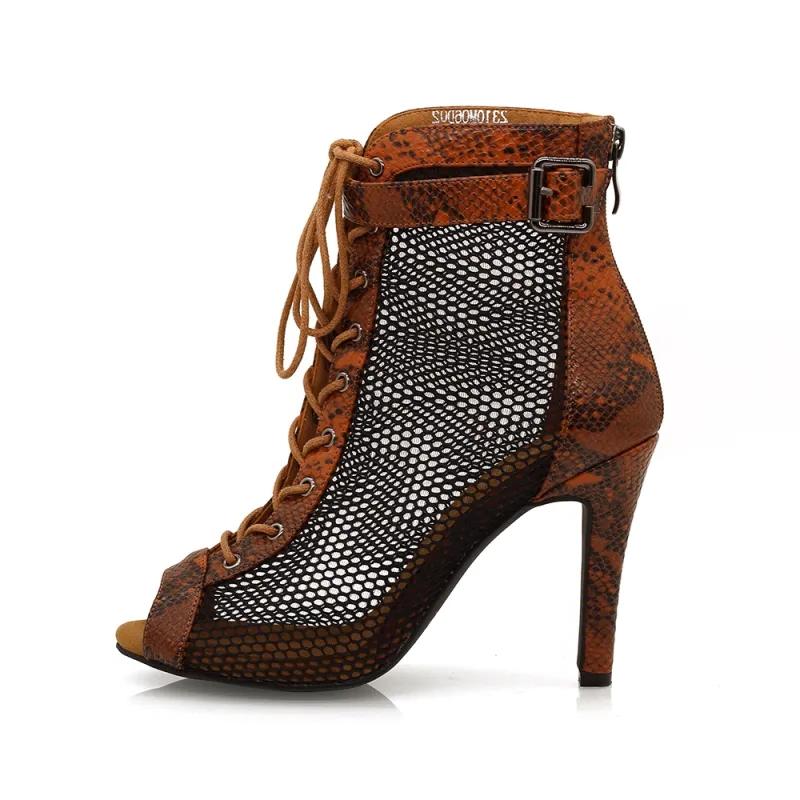 Women's Brown 9.5cm Heel Peep Toe Hollow-out Heels Dance Boots Jazz Salsa Dancing Shoes