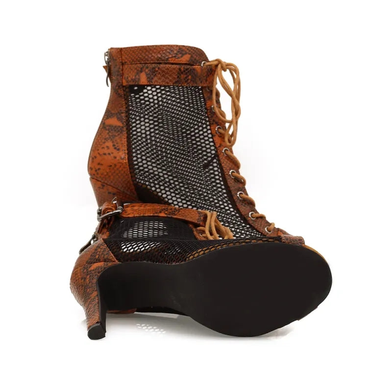 Women's Brown 9.5cm Heel Peep Toe Hollow-out Heels Dance Boots Jazz Salsa Dancing Shoes