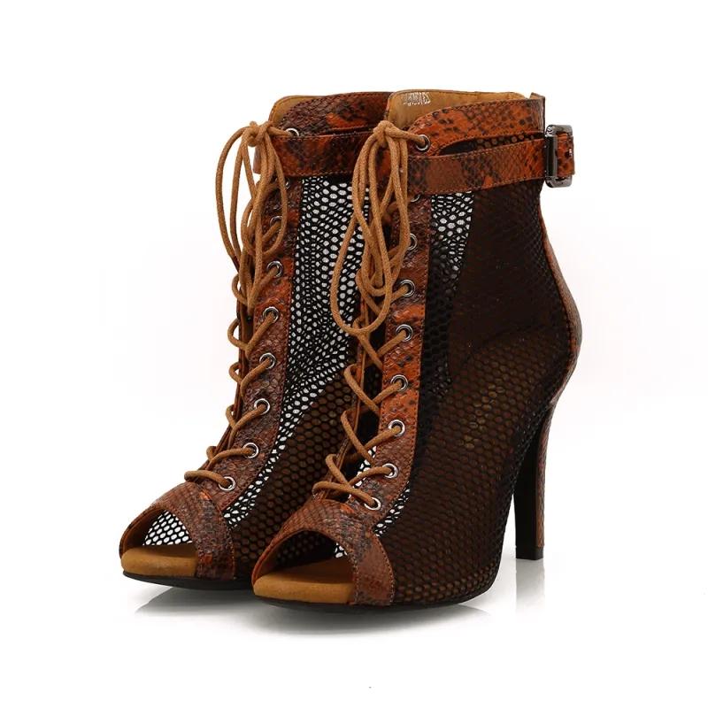 Women's Brown 9.5cm Heel Peep Toe Hollow-out Heels Dance Boots Jazz Salsa Dancing Shoes