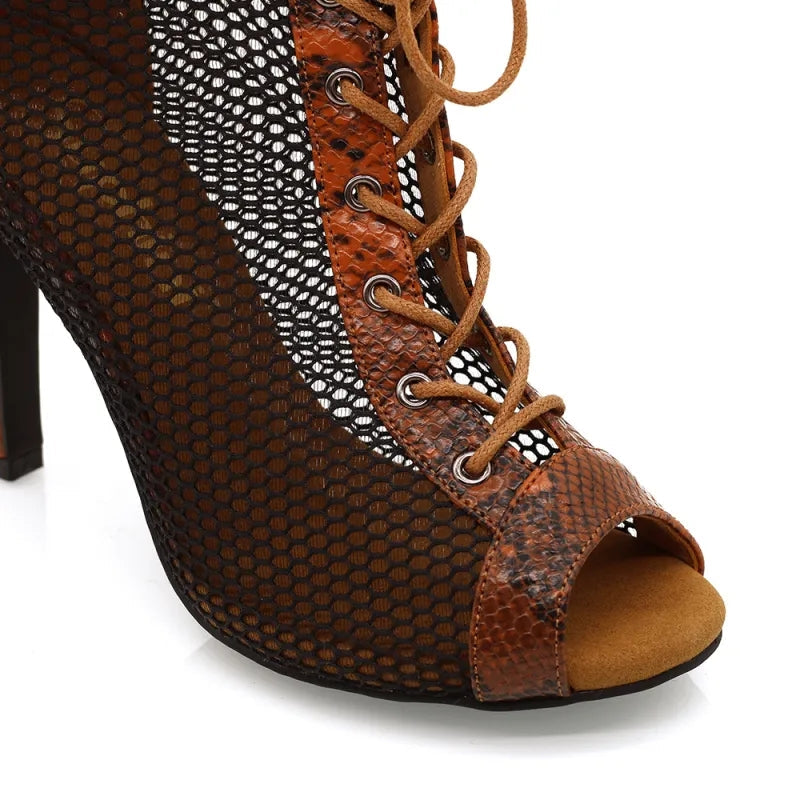 Women's Brown 9.5cm Heel Peep Toe Hollow-out Heels Dance Boots Jazz Salsa Dancing Shoes