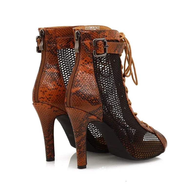 Women's Brown 9.5cm Heel Peep Toe Hollow-out Heels Dance Boots Jazz Salsa Dancing Shoes