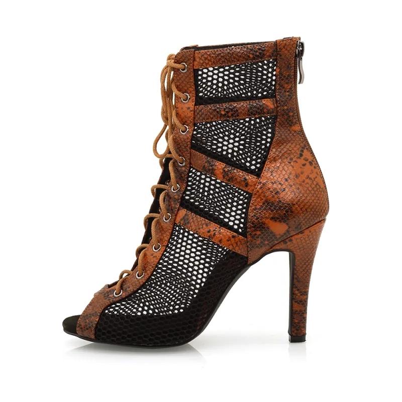 Women's Brown Customized Heel Peep Toe Hollow-out Heels Dance Boots Jazz Salsa Dancing Shoes