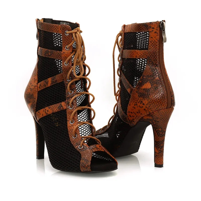 Women's Brown Customized Heel Peep Toe Hollow-out Heels Dance Boots Jazz Salsa Dancing Shoes