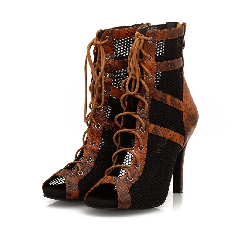 Women's Brown Customized Heel Peep Toe Hollow-out Heels Dance Boots Jazz Salsa Dancing Shoes