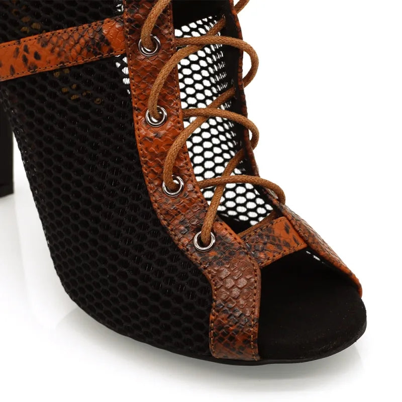 Women's Brown Customized Heel Peep Toe Hollow-out Heels Dance Boots Jazz Salsa Dancing Shoes