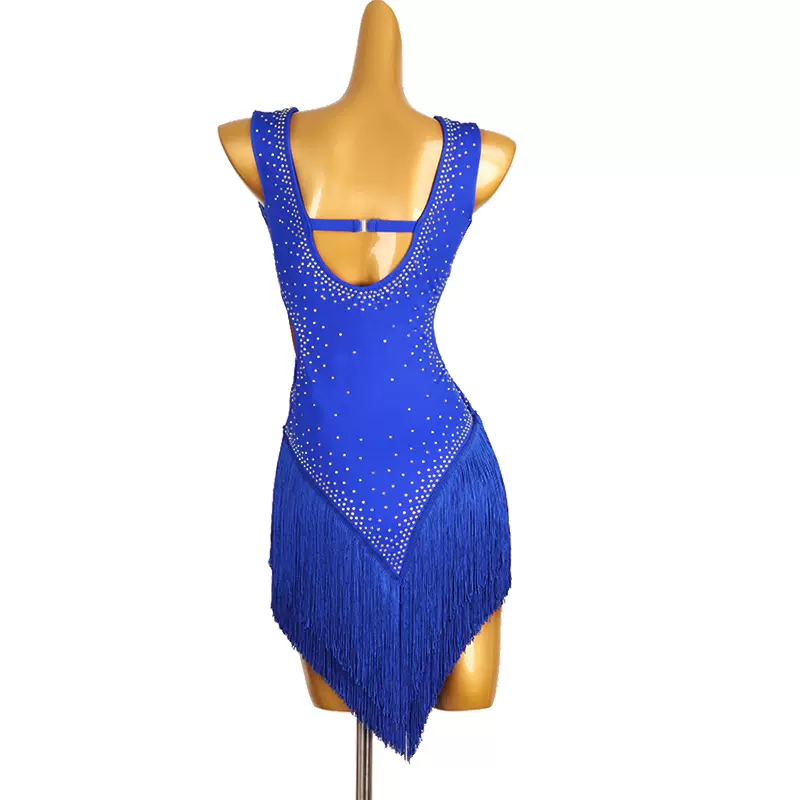 Customisable-Women's Blue V-Neck Tassel DanceWear Dance Dress