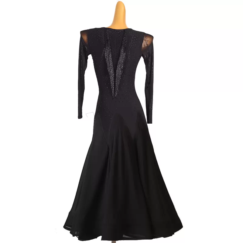 Customisable-Women's Black V-Neck Long Sleeve DanceWear Ballroom Dance Dress