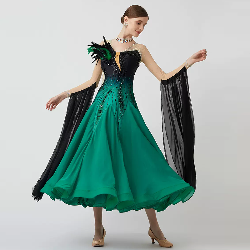 YUN Customisable-Women's Long Sleeve  V Neck Diamonds Waltz Modern Ballroom Dance Dress Competition Dresses