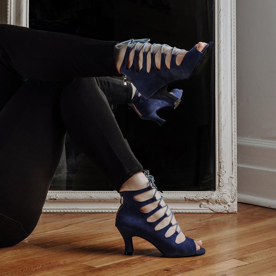 Women's Blue Suede Customized Heel Dance Boots Salsa Jazz Dance Shoes