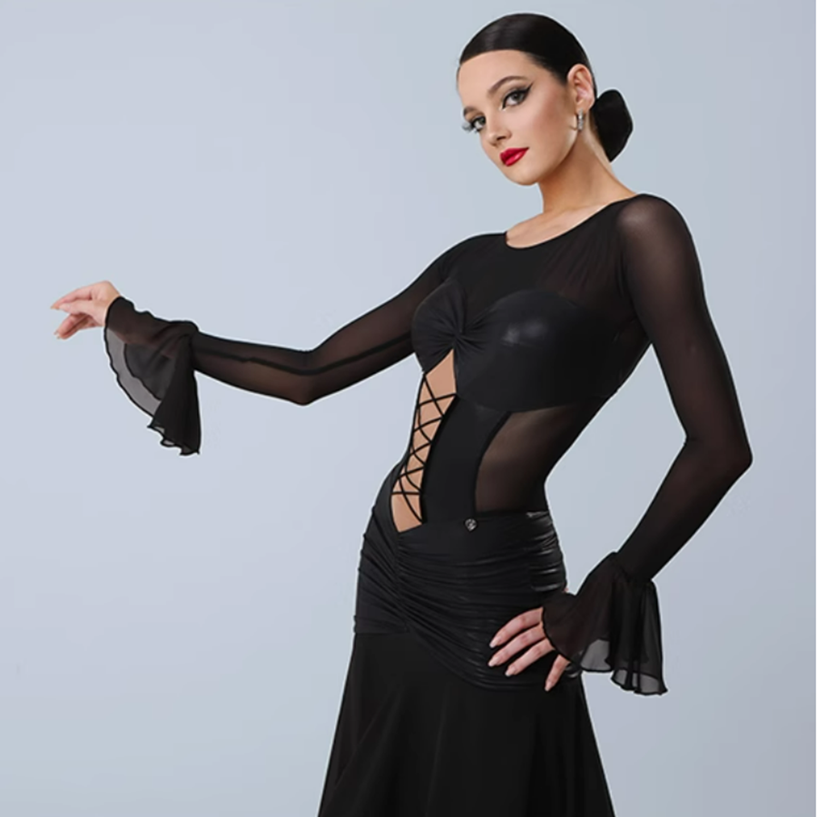 TID Customisable Women's Long Sleeve Black Dance Dresses Performance Competition Dancewear