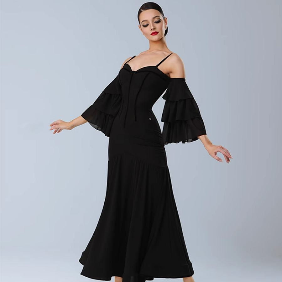 TID Customisable Women's Off Shoulder Black Dance Dresses Performance Competition Dancewear