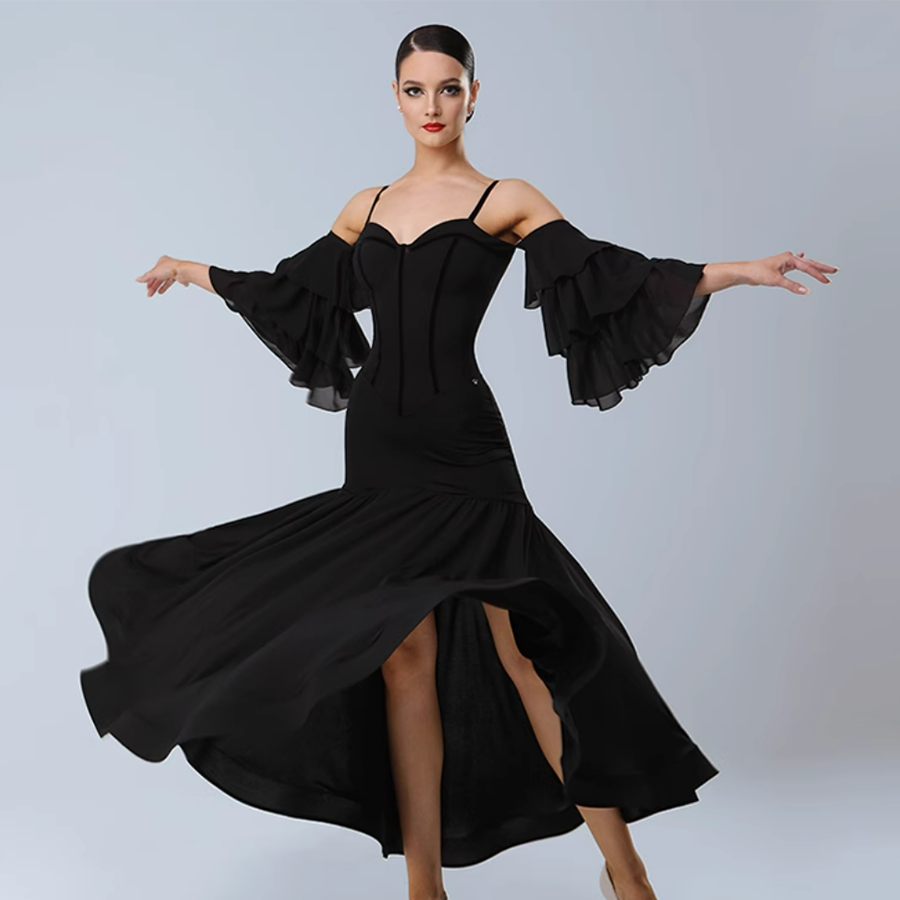 TID Customisable Women's Off Shoulder Black Dance Dresses Performance Competition Dancewear