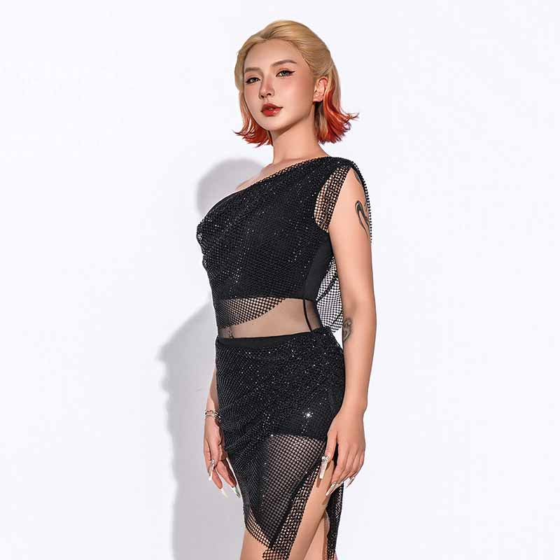 HC Women's Black Mesh Sleeveless Latin Dance Dress Dance Wear Training Performance Dress