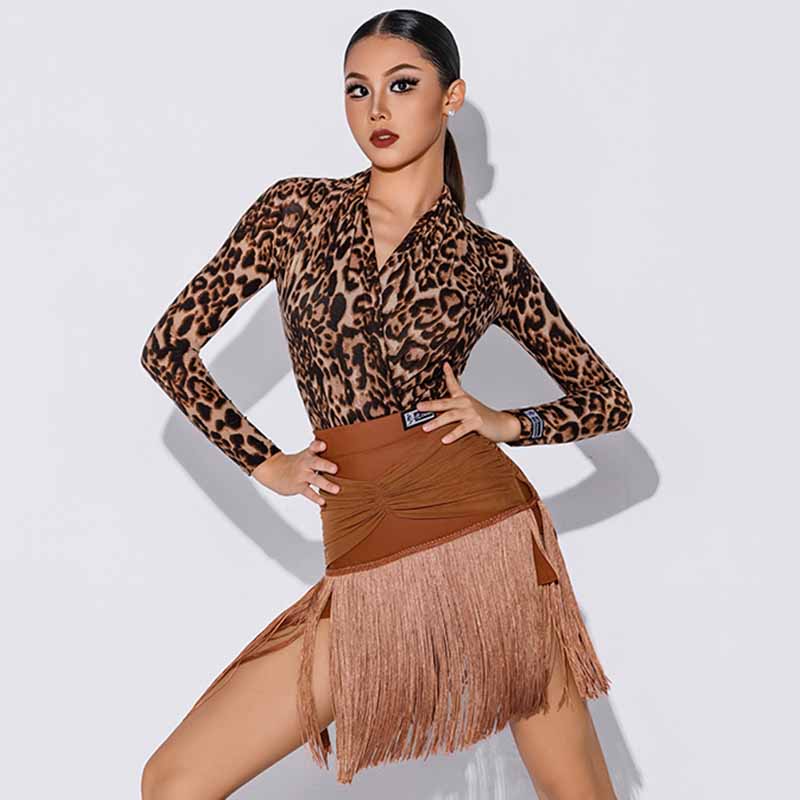 HC Women's Leopard Long Sleeve V Neck Latin Dance Tops Dance Wear Training Performance Bodysuit