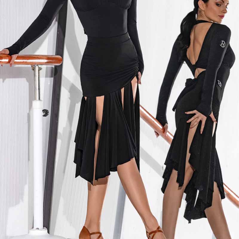 HC Women's Black Latin Dance Skirt Dance Wear Training Performance Skirt