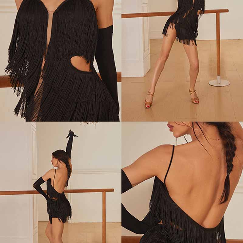 Z Women's Milk Silk Tassel Dance Dress Dance Wear Training Performance Dress(Without Golves)