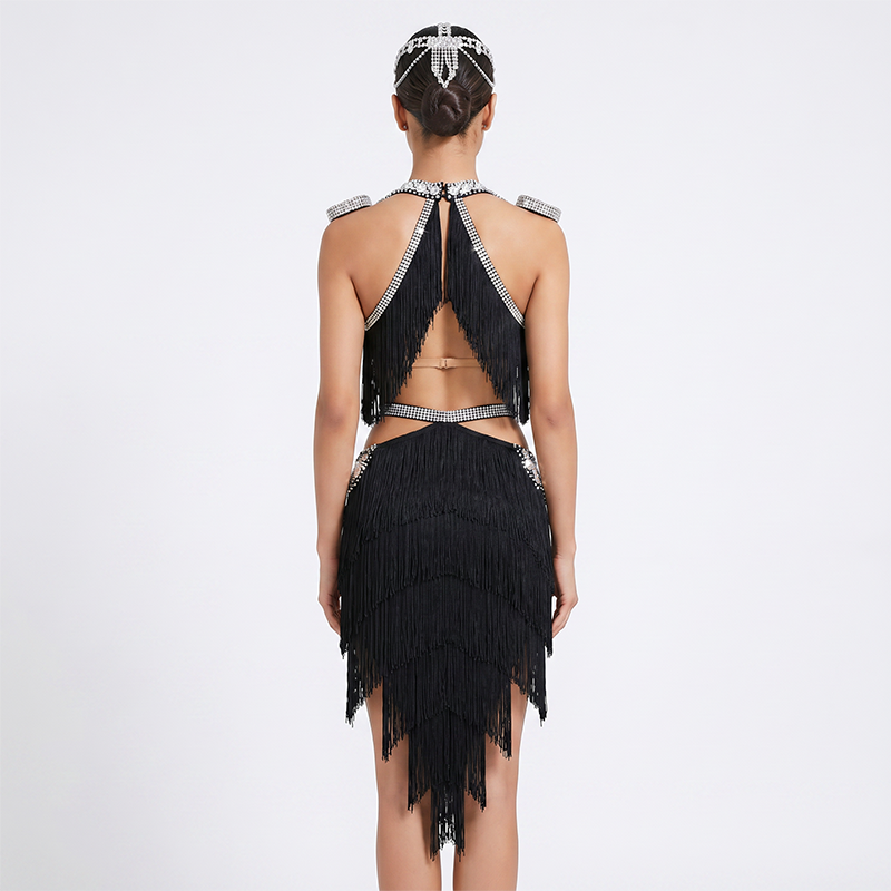 Customisable-Women's Black Tassel Latin Dance Dress Professional Dance Stage Performance Wear