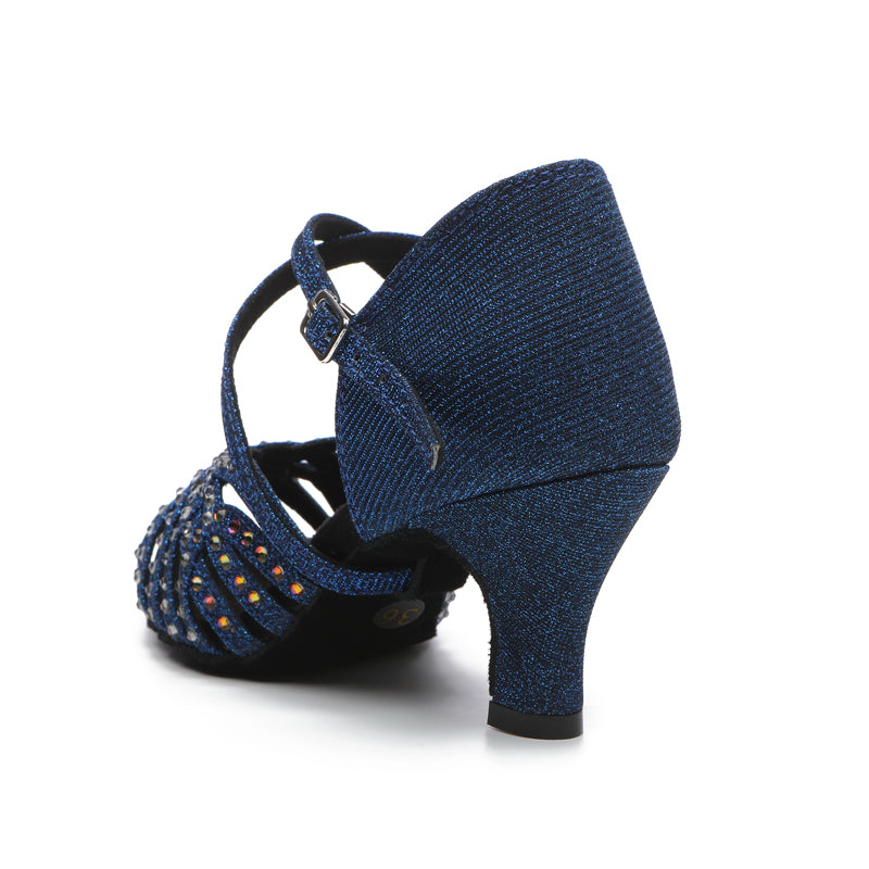 DS Women's Blue Satin Rhinestones Sandal Customized Heel Latin Dance Shoes Dance Heels