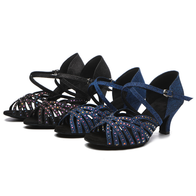 DS Women's Blue Satin Rhinestones Sandal Customized Heel Latin Dance Shoes Dance Heels