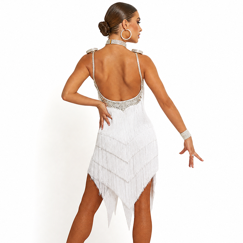 Customisable-Women's White Tassel Latin Dance Dress Professional Dance Stage Performance Wear