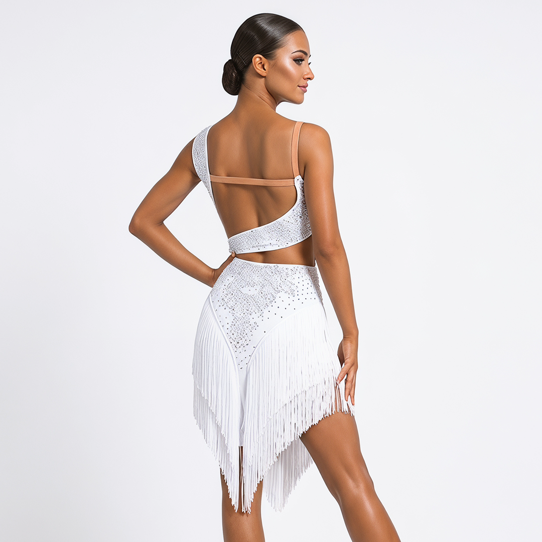 Customisable-Women's Performance Sleeveless White Tassels Latin Salsa Dance Dress Competition Dress