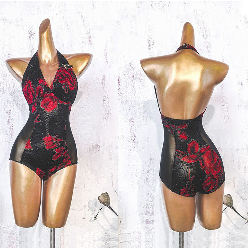 YJFY Women's Lace Sleeveless Dance Tops Bodysuit Leotards Practice DanceWear(Without Long Gloves)