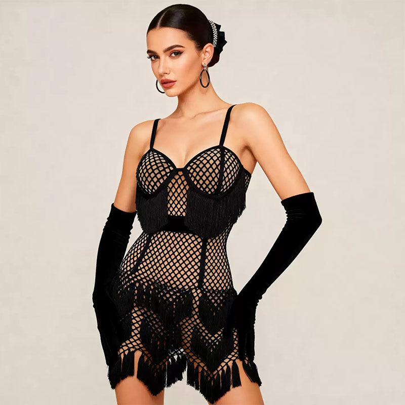YJFY Women's Black Tassel Latin Dance Dress Dance Wear Training Performance Dress (With Gloves)