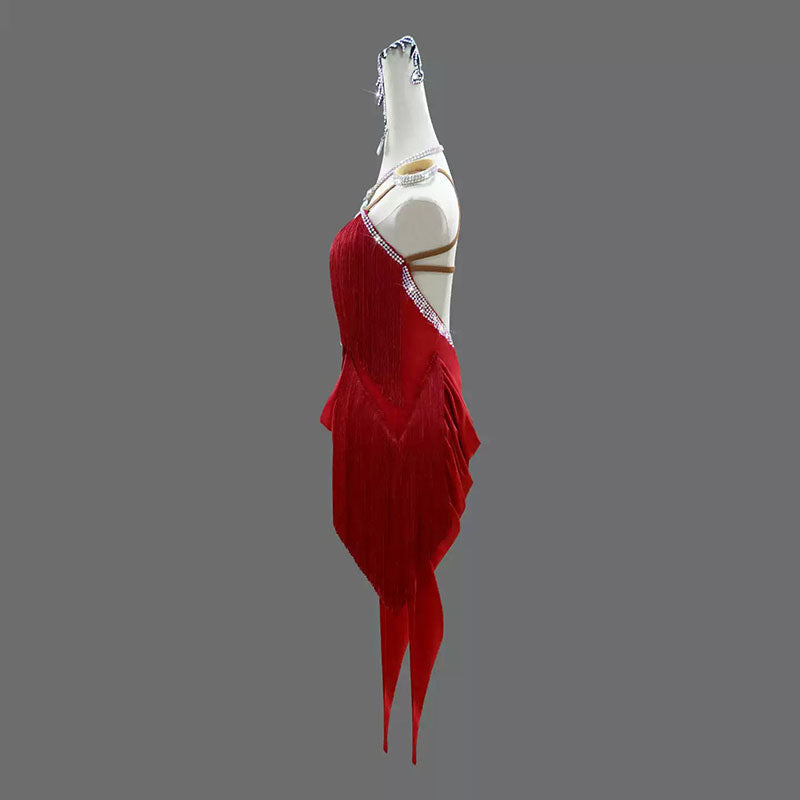 Customisable-Women's Red Tassel Latin Dance Dress Professional Dance Stage Performance Wear
